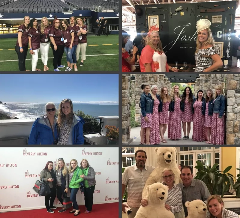 A collage of five photos showing different groups of people in front of the Beverly Hilton Hotel.