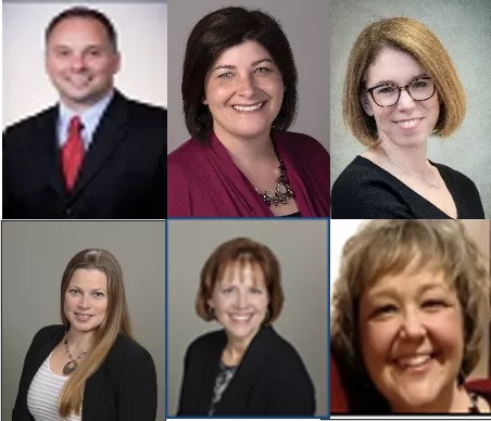Collage of six smiling faces of women and men in professional attire with business backgrounds.