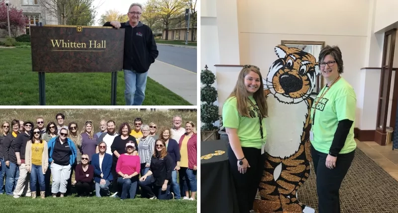 Collage of photos of Whitten Hall, a large group of people, and two women posing with a tiger.