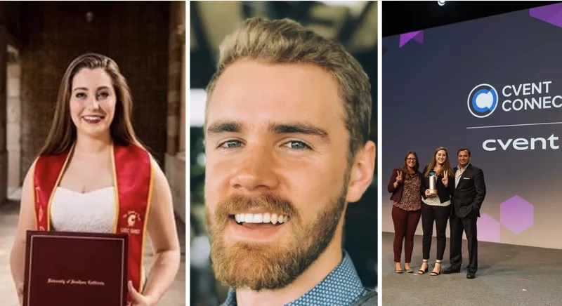 Two headshots and one group photo of Cvent Connect award winners with a Cvent logo in the background.