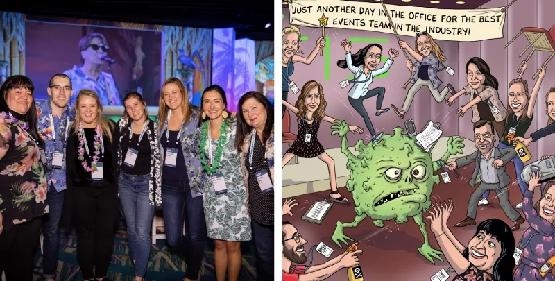 Photograph of event team and cartoon of event team fighting a monster with cleaning supplies.