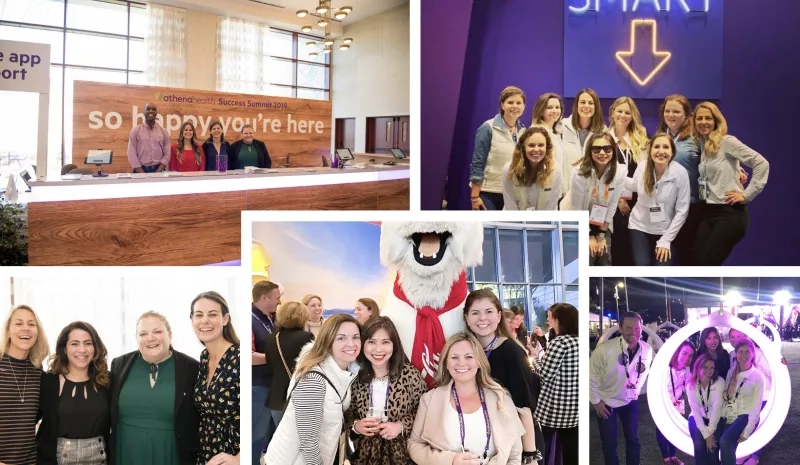 A photo collage of athenahealth employees at Success Summit, smiling and having fun with their colleagues.