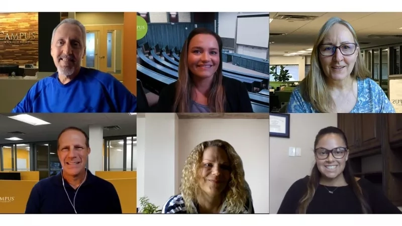 Collage of six people smiling at the camera on a video call with Campus Management text in the top left corner.