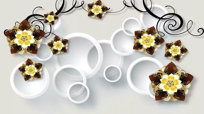 Abstract floral wall decor with golden and brown flowers and black swirls on a white background.
