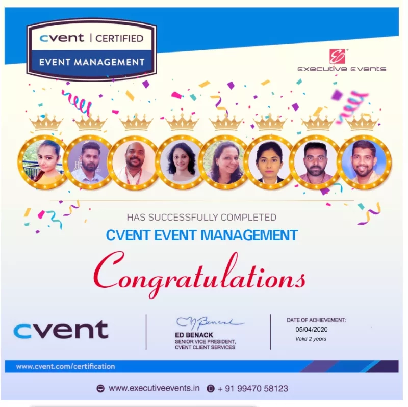 Certificate for Cvent Event Management, showcasing the achievement and the names of the six individuals involved.