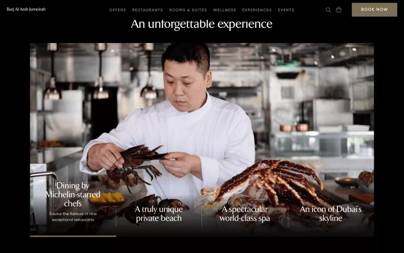 Burj Al Arab Hotel, offering luxurious rooms, Michelin-starred dining, and iconic Dubai skyline views.