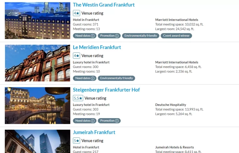 Frankfurt hotels for conferences, corporate events, and meetings at The Westin Grand Frankfurt, Le Meridien Frankfurt, Steigenberger Frankfurter Hof, and Jumeirah Frankfurt.