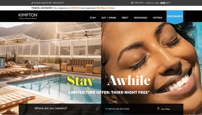 Kimpton Hotels & Restaurants homepage with a resort pool and a smiling woman.