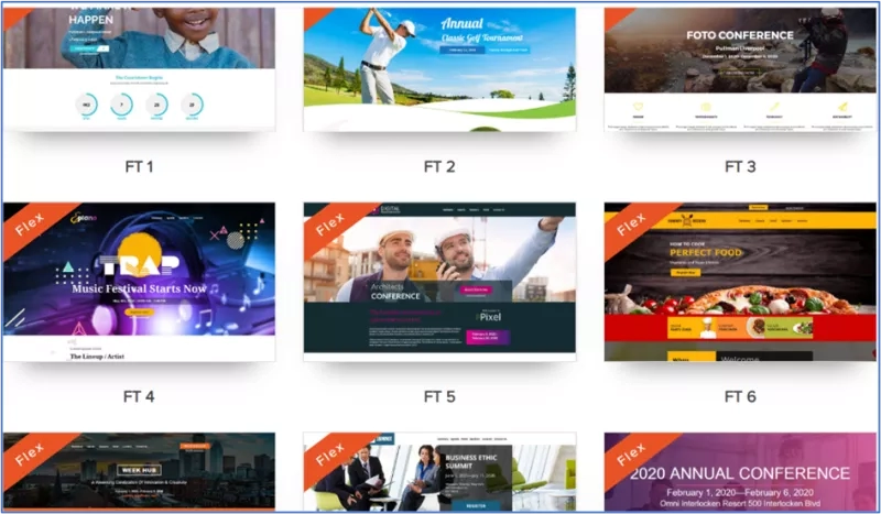 Nine examples of website templates for the conference, music festival, food, and business summits.