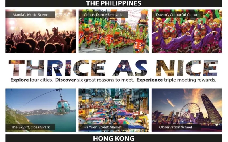 A poster advertising three cities in the Philippines and Hong Kong with pictures of buildings and people.