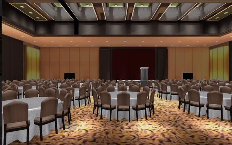 3D rendering of tables and chairs set up in the ballroom.