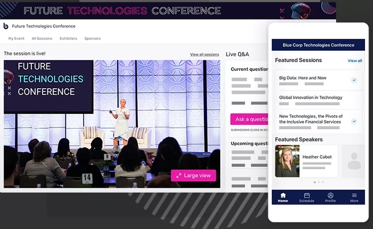 Virtual attendee hub showing an image of a speaker on a stage with a large crowd watching.