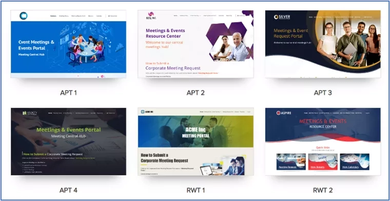 Image of six different event website templates with various color schemes and layout styles for a corporate event website.