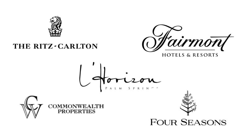 Black and white logos of Fairmont, Four Seasons, Ritz-Carlton, Horizon Palm Spring, and Commonwealth Properties.