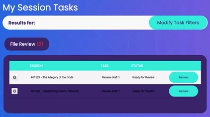 A screenshot of a table of session tasks and their statuses, with a banner on top.