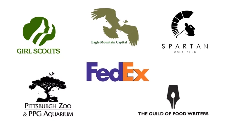 Negative space logos for Girl Scouts, Eagle Mountain Capital, Spartan Golf Club, FedEx, Pittsburgh Zoo, and Guild of Food Writers.