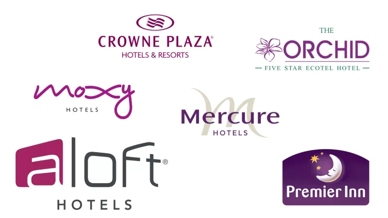 Logos of six different hotels, including Crowne Plaza, The Orchid, Moxy, Mercure, Premier Inn, and Aloft.