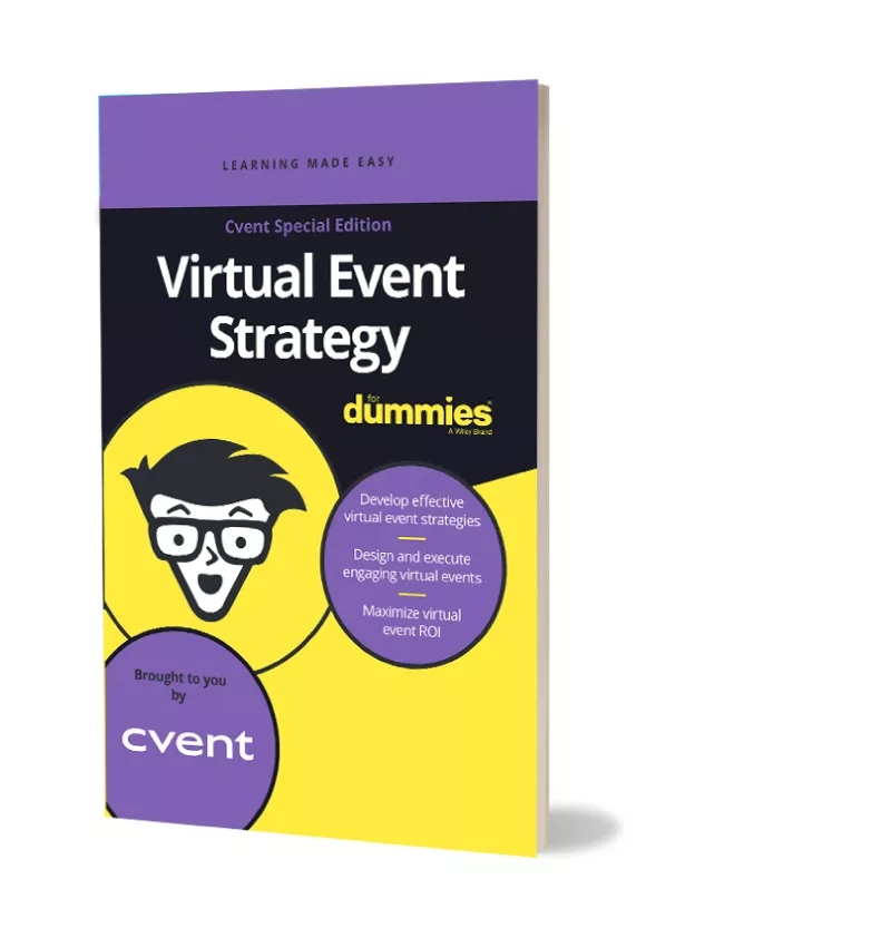 Book cover of Virtual Event Strategy For Dummies by Cvent with a cartoon man wearing glasses.