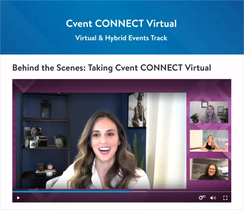 A screenshot of a virtual event from Cvent CONNECT Virtual 2020 with a woman smiling on the screen.