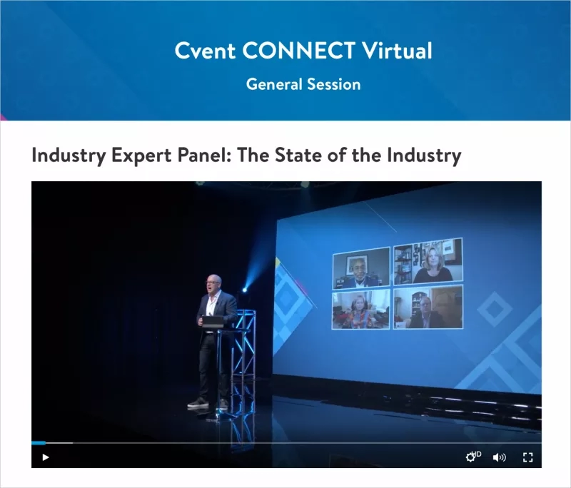 The Cvent Connect Virtual General Session with a man standing in front of a screen.