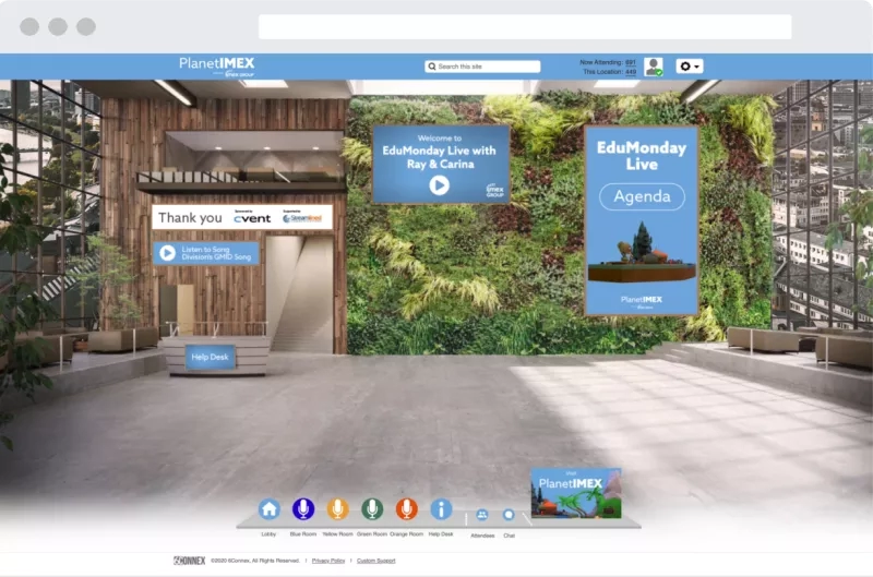 PlanetIMEX virtual hub home page with lobby, blue room, yellow room, green room, orange room, help desk, attendees, and chat.