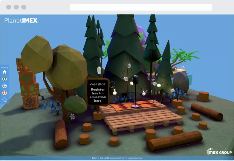An image of the Planet IMEX virtual island with a sign that reads "Register free for education here."