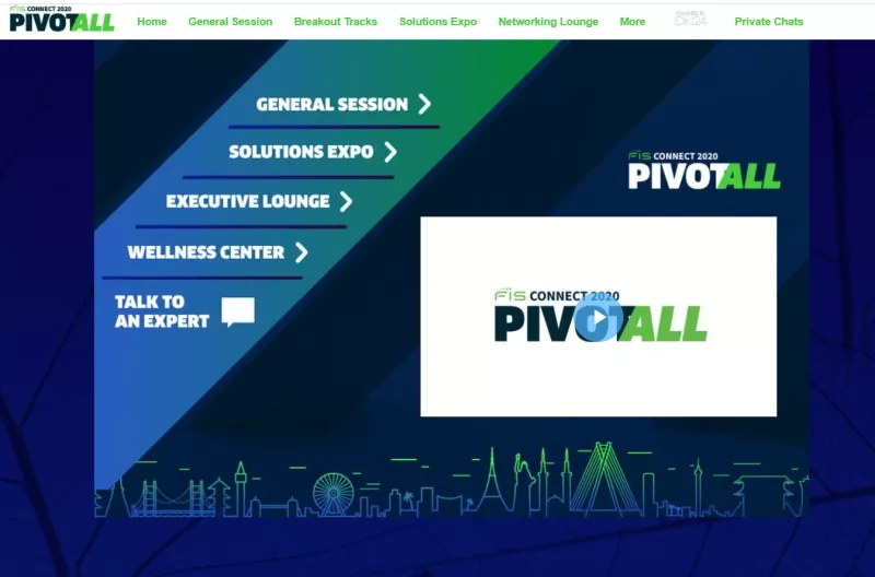 FIS Connect 2020 Pivotall lobby image with text, architecture, landscaping, and ambiance.