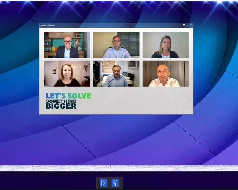 A video player shows a group of people in a virtual meeting.