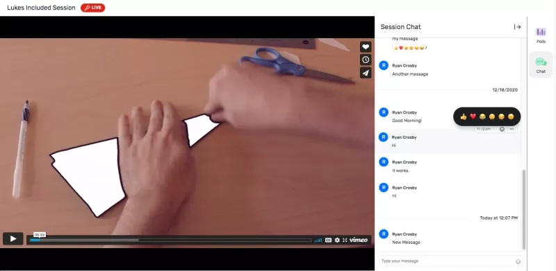 Ryan Crosby and other people are chatting in the session chat while a person is cutting paper with scissors.