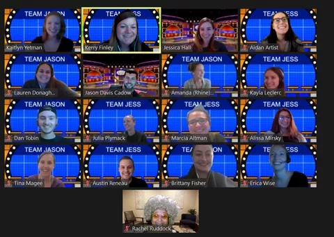 Virtual Family Feud game with teams Jason and Jess, and a host in the bottom right corner.