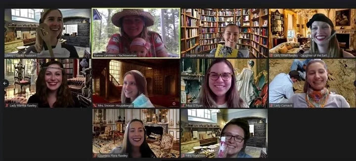 A virtual murder mystery party with eight smiling women in various costumes and backgrounds.