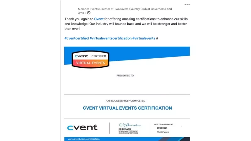 A virtual event certification awarded to the member events director at Two Rivers Country Club.