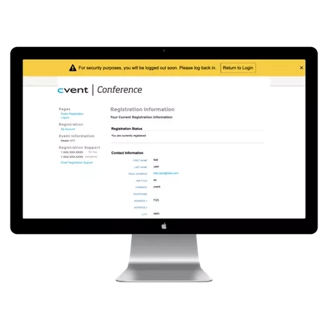 Apple computer monitor displaying the registration information page of the Cvent Conference website.