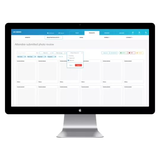 UX demo of attendee photo review for an event management system on a computer monitor.
