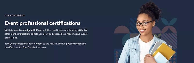 Woman holding books in front of text that reads, "Event professional certifications"