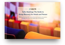 A book cover with a blurred auditorium backdrop, titled "Safer Meetings: The Guide to Group Recovery for Hotels and Venues."