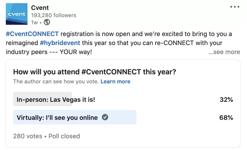 Cvent's tweet with poll for attendees to vote on how they'll attend Cvent Connect this year.