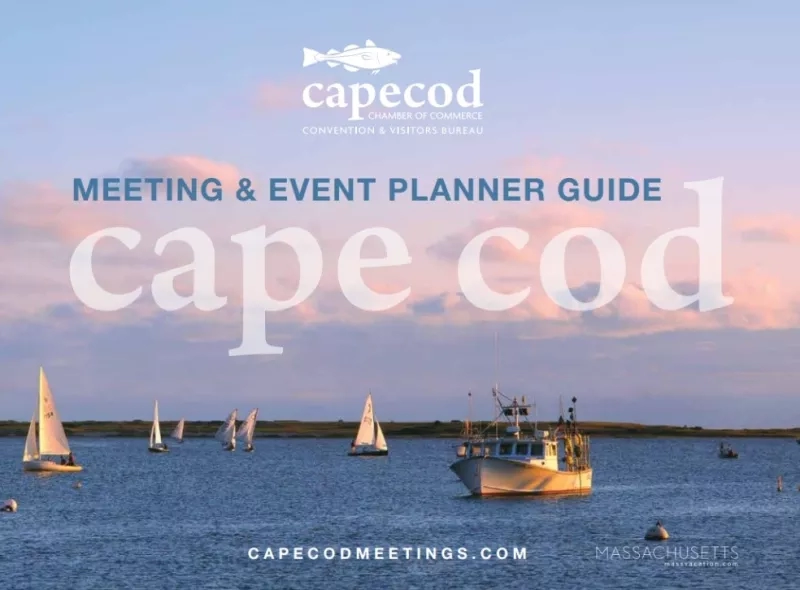 Cape Cod Meeting & Event Planner Guide with boats and sailboats on a blue ocean at sunset.