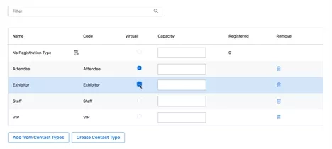 An image of the Registration Types page in the admin portal of the Event Espresso plugin.