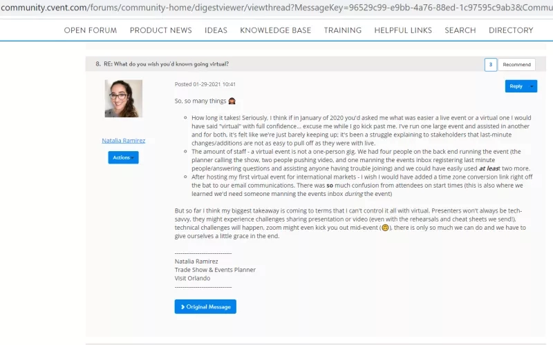 Natalia Ramirez's reply on "What do you wish you'd known going virtual?" in Cvent Community.