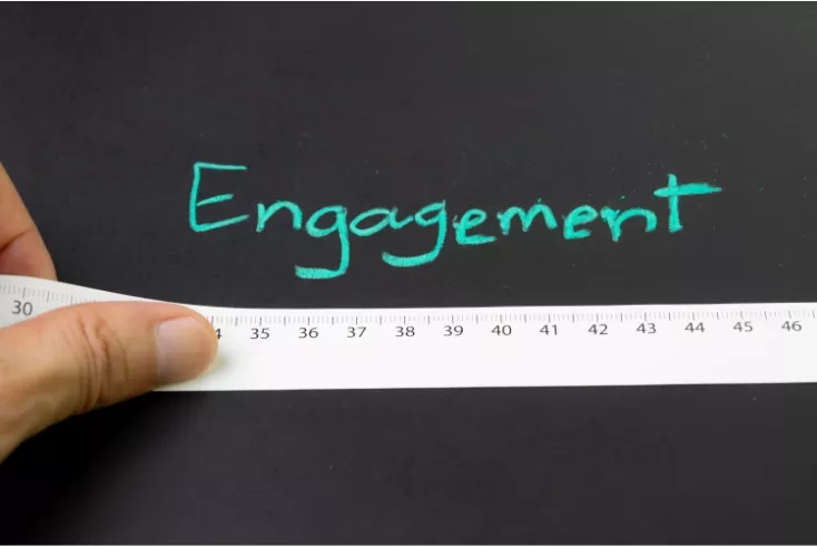 A person measuring the word "engagement" written on a blackboard.