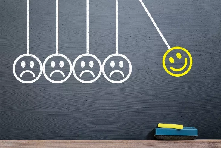 Four sad faces on a chalkboard, a happy face is being hit by a ball.