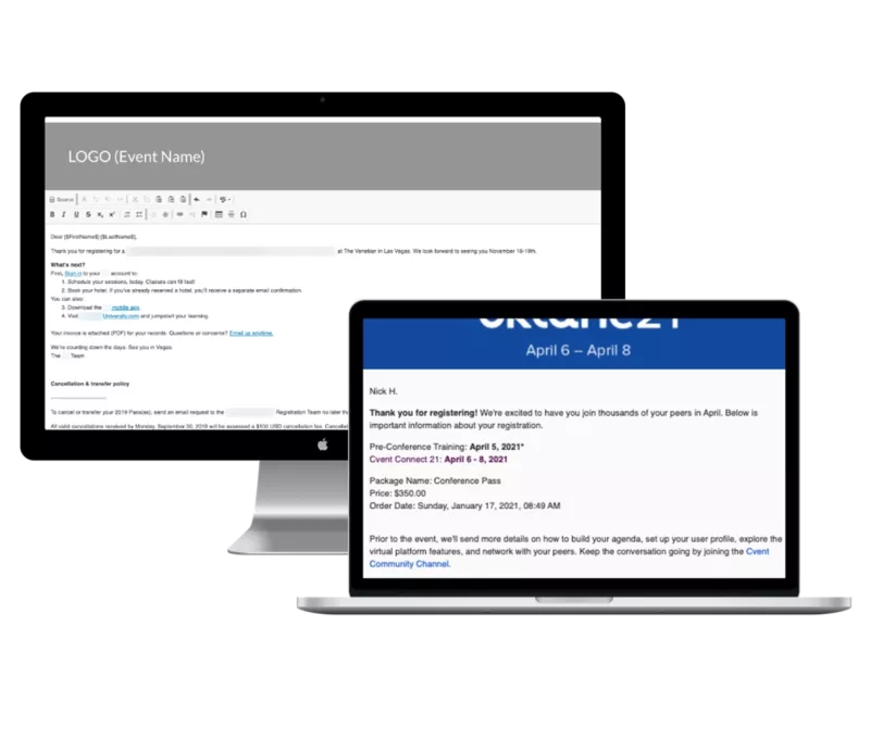 Laptop with registration confirmation email on screen and desktop with email composition on screen.