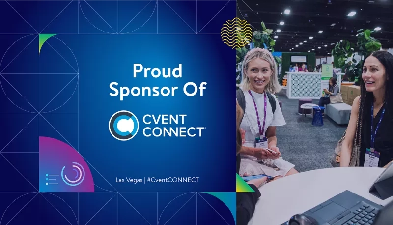 Sponsor of Cvent Connect Las Vegas, two women smiling at each other, and a laptop on a table.