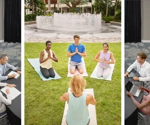 A split image of people practicing yoga and others working at a desk in a hotel.