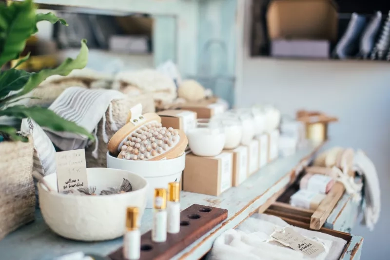 Bath products and candles on a counter at the spa.