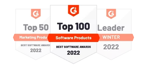 G2 badges winter 2022 for top 50 marketing products, top 100 software products, and leader winter 2022.