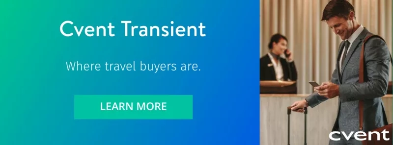 An advertisement for Cvent Transient, where travel buyers are, with a man in a suit and tie.