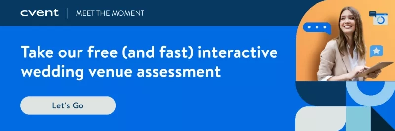 Woman with tablet smiling in speech bubble, text: Take our free (and fast) interactive wedding venue assessment