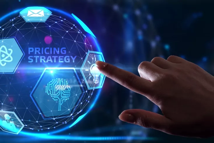A hand touches a virtual globe with the words "Pricing Strategy" on it in a dark room.